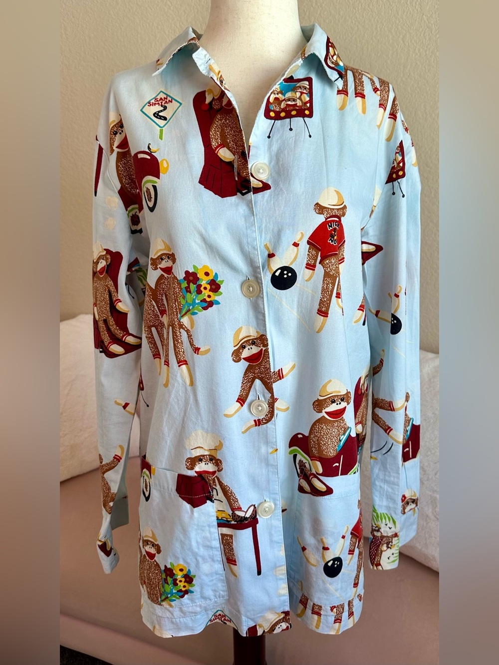 Nick & Nora Sock Monkey Pajama Top Button Up Blue Shirt Women’s S Retro Vintage